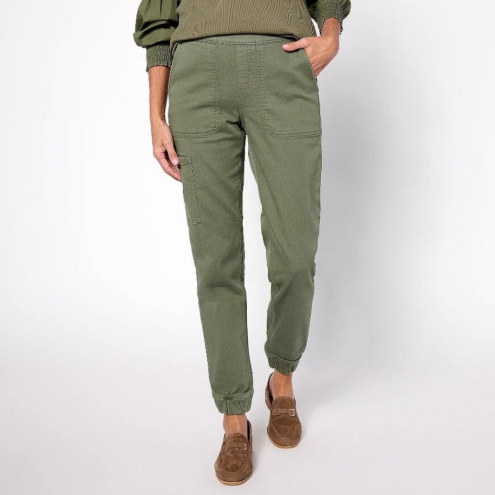 Denim and Co Tall Comfy Knit Denim Jogger Pants Dark Olive Green Womens Medium